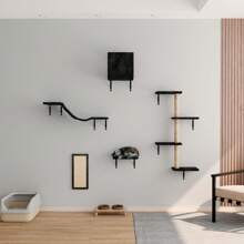 Cat Tree Wall Mounted Furniture DIY Set Climbing Shelves For Kitty Play & Relaxing - Includs Scratching Board, Connect Bridge, House And Scratching Posts - 黑色 - 查看 2