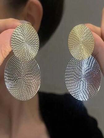 Minimalist Circular Color-Blocking Earrings, Asymmetrical Glittery Two-Tone Design For Women's Travel & Parties, High-End Style