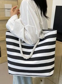 New Fashion Oversized Capacity Woven Rope Canvas Tote Bag, Handheld/Shoulder Bag