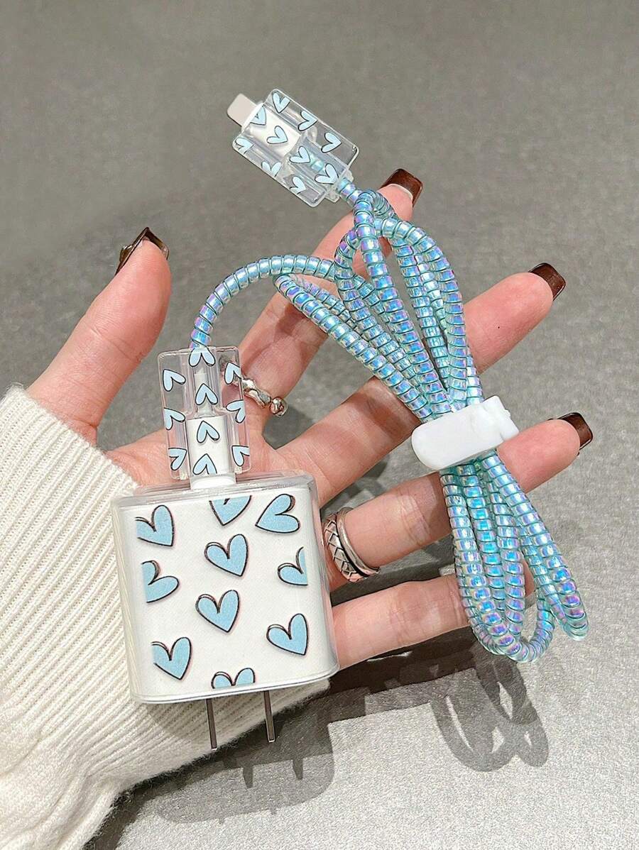 5 件海军蓝心形设计 20W/18W 手机充电器套装，充电线保护器，充电头保护器，兼容 11 12 13 14 15 16 17 - 寶藍色 - 查看 1