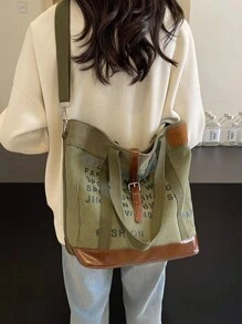 帆布大容量信封印花休閒購物通勤女式肩掛斜揹包 - 軍綠色 - 查看 5