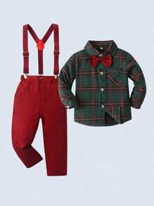 BOARNSEORL 2 件套年轻男孩绅士装 - 绿色格子长袖衬衫配领结和吊带裤，时尚百搭，适合生日派对、跨年夜、婚礼、迎婴派对、圣诞节 - 紅色 - 查看 3