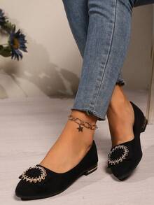 平底乐福鞋女式尖头新款软底一脚蹬鞋低跟休闲鞋防滑工作鞋时尚水钻平底鞋轻便纯色透气平底鞋（适合宽脚，建议订购大一码） - 黑色 - 查看 2