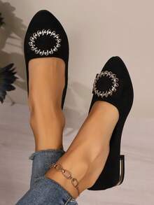 平底乐福鞋女式尖头新款软底一脚蹬鞋低跟休闲鞋防滑工作鞋时尚水钻平底鞋轻便纯色透气平底鞋（适合宽脚，建议订购大一码） - 黑色 - 查看 5