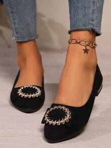 平底乐福鞋女式尖头新款软底一脚蹬鞋低跟休闲鞋防滑工作鞋时尚水钻平底鞋轻便纯色透气平底鞋（适合宽脚，建议订购大一码） - 黑色 - 查看 3