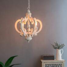 French Country Wood Chandelier, 6-Light Farmhouse Pendant Light Fixture With Adjustable Chain For Kitchen Foyer Hallway Entryway, Bulb Not Included