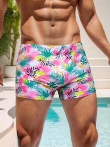 男士夏季时尚抽绳泳裤 - 高弹力面料，3D 印花图案，适合海滩度假/游泳池，夏威夷风