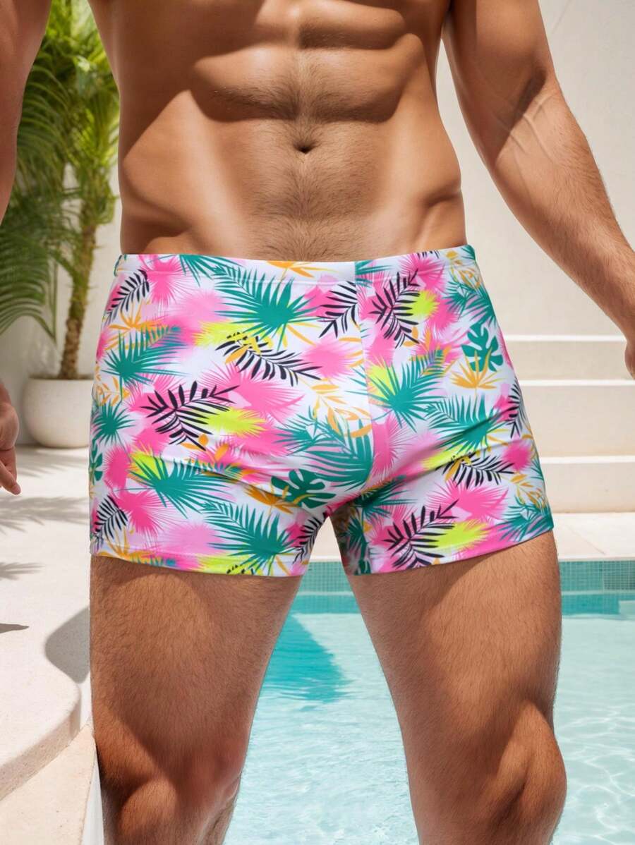 男士夏季时尚抽绳泳裤 - 高弹力面料，3D 印花图案，适合海滩度假/游泳池，夏威夷风