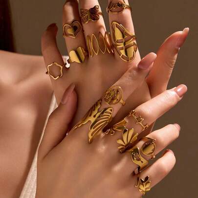 Set de 24 anillos de acero inoxidable con estampado de flor y diseño geométrico hueco en color dorado, adecuado para decoración diaria o como regalo (estilos mixtos sin caja) para San Valentín, mamá, madre, Día de la Madre