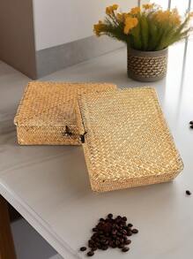 1pc Handmade Seagrass Woven Storage Basket With Lid, Personalized Gift Box, Suitable For Home Decor, Bathroom, Kitchen, Snack Storage Box, Jewelry Organizer, Gift Packaging, Bedroom, Living Room, Desk Makeup And Sundries Storage Basket