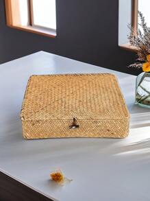 1pc Handmade Seagrass Woven Storage Basket With Lid, Personalized Gift Box, Suitable For Home Decor, Bathroom, Kitchen, Snack Storage Box, Jewelry Organizer, Gift Packaging, Bedroom, Living Room, Desk Makeup And Sundries Storage Basket