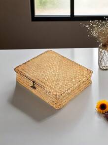 1pc Handmade Seagrass Woven Storage Basket With Lid, Personalized Gift Box, Suitable For Home Decor, Bathroom, Kitchen, Snack Storage Box, Jewelry Organizer, Gift Packaging, Bedroom, Living Room, Desk Makeup And Sundries Storage Basket