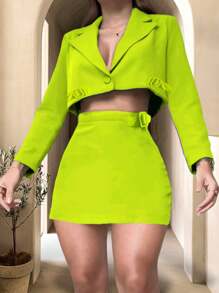 Conjunto Blazer Saco Corto Cintura + Falda Short Calidad premium - Verde Lima - Ver 1