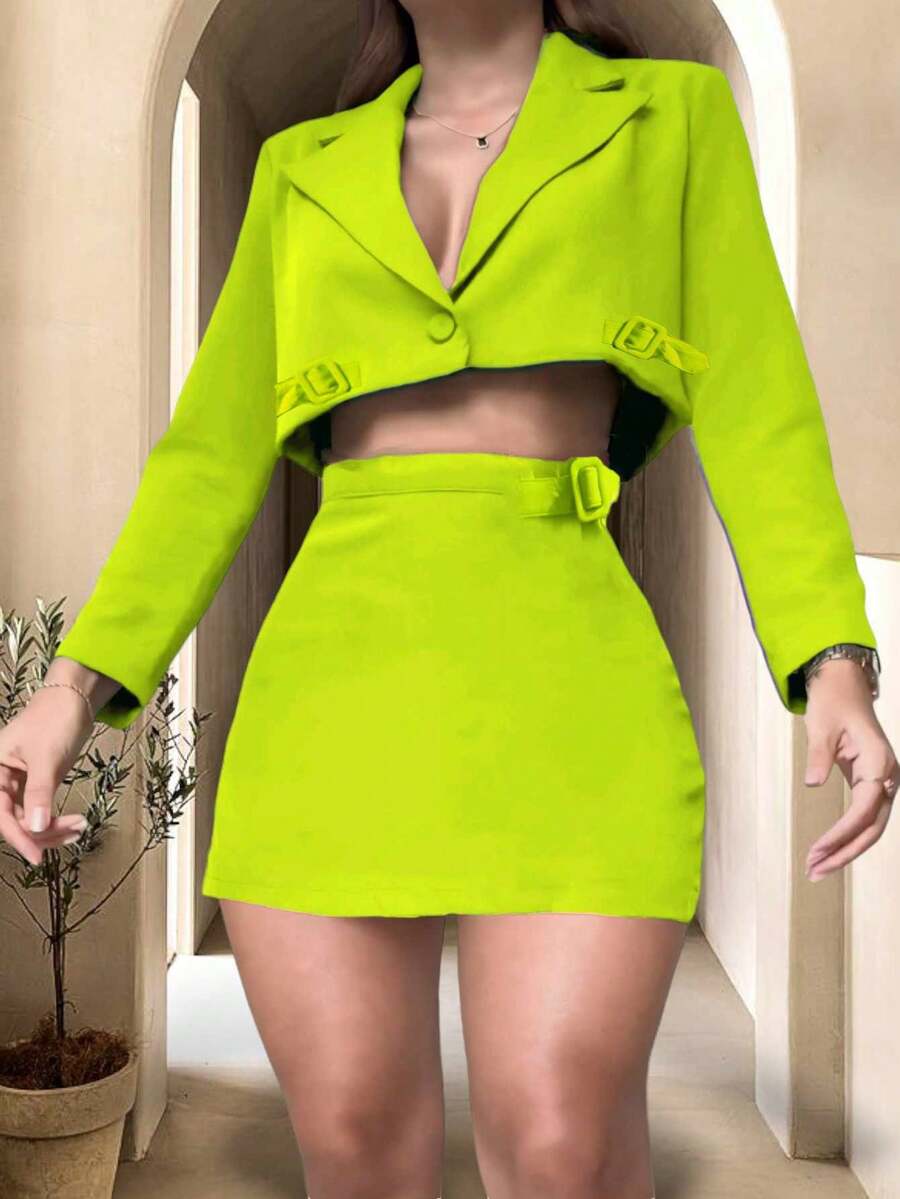 Conjunto Blazer Saco Corto Cintura + Falda Short Calidad premium - Verde Lima - Ver 1