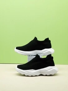 儿童黑白针织一脚蹬运动鞋，休闲运动轻便乐福鞋