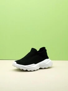 儿童黑白针织一脚蹬运动鞋，休闲运动轻便乐福鞋