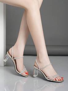 Women's Open Toe Square Heel Sandals Featuring Clear Block Heels - Gold - View 3
