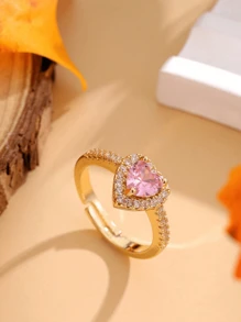 1入心形戒指，搭配粉紅立方氧化鋯和閃亮透明寶石，奢華開口戒指