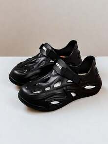 2024年男士夏季新款椰子鞋，EVA材質，時尚印花經典黑白拼接，印花後跟帶，舒適厚底，增高，防滑耐磨，中空透氣，閉口式，適用於戶外運動、海灘、派對、攀登等場合。 - 黑色 - 查看 5