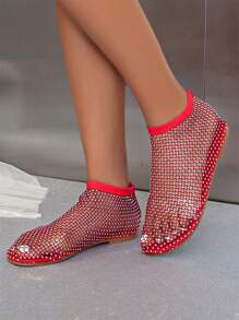 Damskie buty z siateczką z okrągłym noskiem i kryształkami Jednokolorowe sandały Wygodne, antypoślizgowe Lekkie, oddychające sandały wsuwane