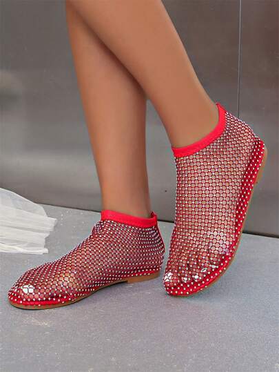 Damskie buty z siateczką z okrągłym noskiem i kryształkami Jednokolorowe sandały Wygodne, antypoślizgowe Lekkie, oddychające sandały wsuwane