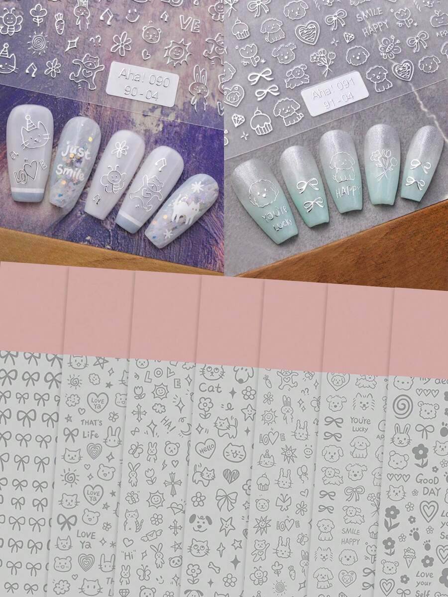 閃閃發光卡通貓指甲貼：自粘式，光澤樹脂材料，完全衛生，一次性使用，非常適合年輕女孩和女性DIY美甲 - 銀色 - 查看 1