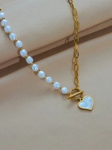 1 件欧美时尚小众设计不锈钢仿珍珠链不对称拼接 OT 扣锁骨项链配心形吊坠，适合女士日常佩戴情人节、妈妈、母亲、母亲节、礼物 - 金黃色 - 查看 4