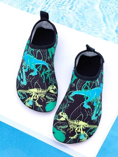 Summer Kids Outdoor Beach Shoes, Green Skeleton Dragon Design, Soft Sole Lightweight Breathable Beach, Water, Swimming, Trekking Elastic Socks Shoes For Boys
