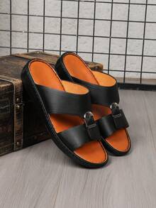 Męskie solidne kapcie z odkrytymi palcami, wygodne miękkie buty antypoślizgowe, modne codzienne kapcie na zewnątrz w stylu ręcznie robione skórzane kapcie