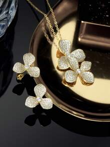 1 Set/2Pcs Luxury 925 Silver Flower Full Zirconia 14K Gold Earrings And Necklace Pendant  Elegant Women Setting Jewelry For Party And Wedding Gifts