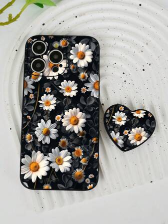 1pc Blue Shock-Resistant TPU Chrysanthemum Pattern Phone Case And 1pc 360° Rotating Foldable Heart-Shaped Stand Holder Compatible With IPhone/Samsung///OPPO/Galaxy A52/A52s 5G/Galaxy A14/Galaxy S23 Ultra/IPhone 14 Pro Max/OPPO A54/Galaxy A54/Redmi 10/Redmi Note 8/Redmi 12C/11A/Galaxy A13 4G/Galaxy A23 5G