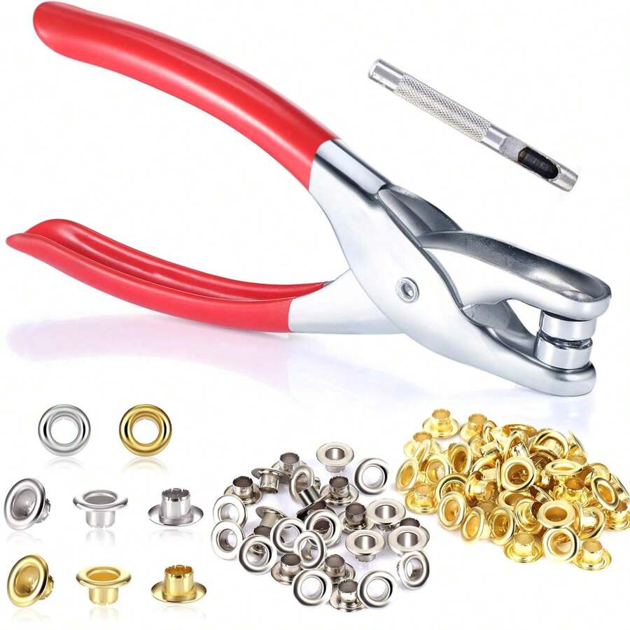 Bộ công cụ Grommet 0,18in 4,5mm với 400 lỗ khoen kim loại và máy cắt lỗ, Kìm bấm lỗ và vòng kim loại bằng da bằng vải, Kìm bấm lỗ bằng vải bạt tự chế Máy uốn đinh tán, Bộ bấm tay Grommet có lỗ gắn di động cho da/Thắt lưng/Vải