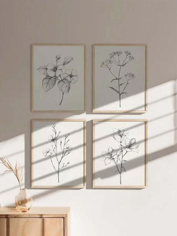 4pcs/Set Vintage Floral Wall Art - Black And White Botanical Prints For Farmhouse Bathroom Decor - Aesthetic Plant Posters For Wall Decor - Unframed