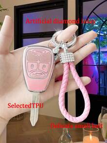 Llavero de patrón tejido de diamantes de moda con cubierta anticaída para llave de coche en rosa Sakura / violeta / platino, compatible con el estuche de llave de control remoto de placa recta de Compass / Chrysler 300C / PT Cruiser - Rosa - Ver 6