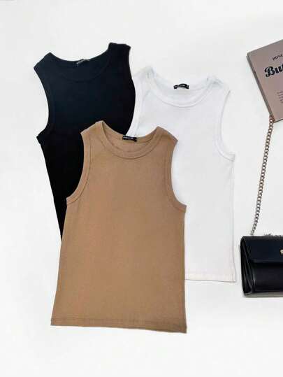 Kit 3pcs Regata Listrada Camiseta Basica Ribana Gola Redondo Sem Manga algodao comprido Moda blogueira Tendencia