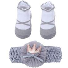 新生嬰兒襪子+髮帶套裝，嬰兒禮物蝴蝶印花蝴蝶結襪子髮帶套裝