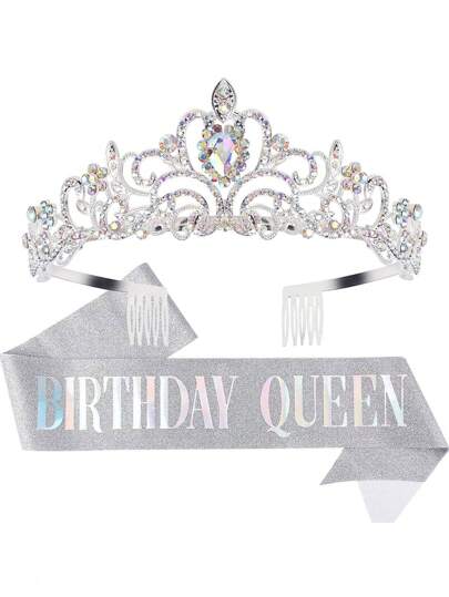 ชุดประดับเครื่องประดับสำหรับงานวันเกิดสำหรับผู้หญิง ประกอบด้วยริบบิ้นโบว์เก็บพระราชินี และมงกุฎ กลิตเตอร์ คริสตัล อุปกรณ์จัดแต่งทรงผมสำหรับกลับโรงเรียนและวันวาเลนไทน์