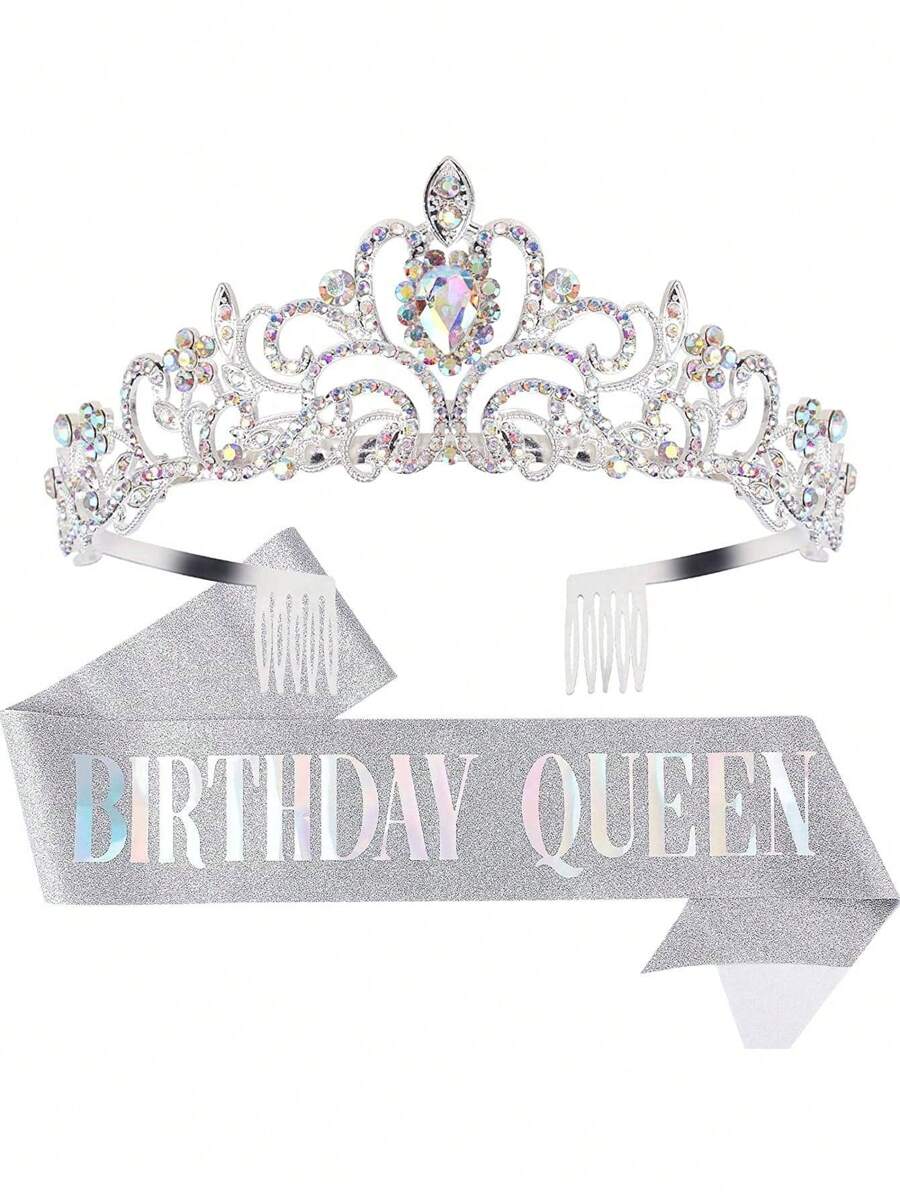 Bling Rhinestone Crystal Crown Tiara Birthday Queen Sash And Crown For Women Birthday Party Decoration Kit Queen Glitter Crystal Hair Accessories, Back To School Valentine Day - Silver - View 1