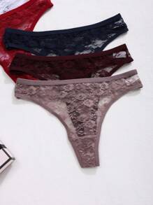 6pcs Women's Multicolor Sexy Low-Rise Lace Thong With Floral Edge