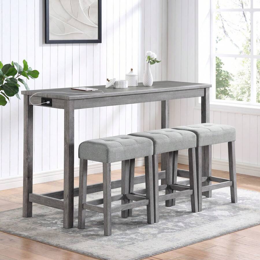 Bar Table Set With Power Outlet, Bar Table And Chairs Set, 4 Piece Dining Table Set, Industrial Breakfast Table Set, For Living Room, Dining Room, Game Room - Xám - Xem 1