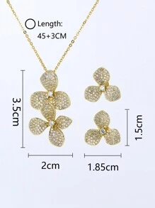 1 Set/2Pcs Luxury 925 Silver Flower Full Zirconia 14K Gold Earrings And Necklace Pendant  Elegant Women Setting Jewelry For Party And Wedding Gifts