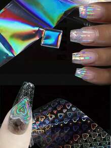 6入組指甲藝術全息冰塊玻璃貼膜，激光珠寶冰射線極光透明全息天空指甲貼紙，DIY編織心形美甲 - 彩色 - 查看 5