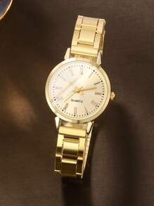 1 件女士金色锌合金表带时尚圆形表盘石英表，适合日常生活，可作为学生返校礼物 - 金色 - 查看 1