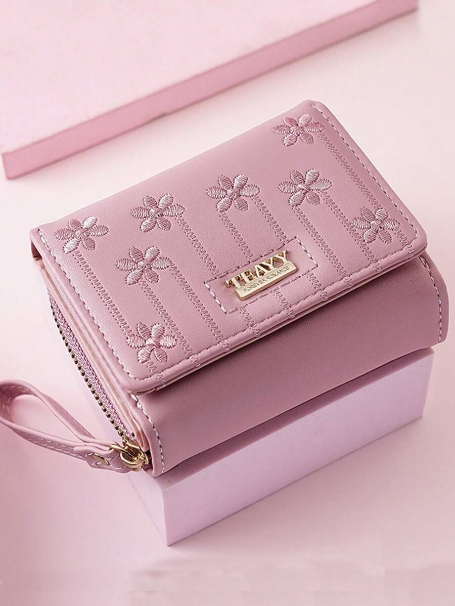 New Embroidered Flower Three-Fold Short Women's Bag Multi-Functional Fashion Handbag Multiple Card Slots Clutch Bag Coin Pink For Women Wallet Purse Wallet Small Wallet