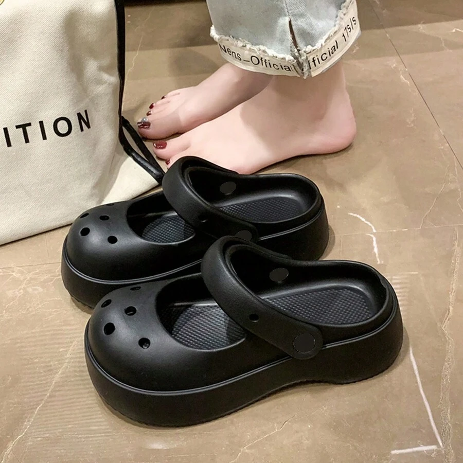女款夏季簡約瑪莉珍空心鞋，EVA厚底防滑戶外可愛女孩風格DIY涼鞋 - 黑色 - 查看 1