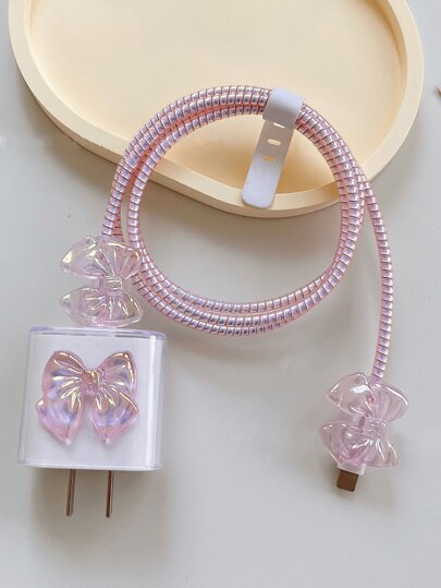 5pcs Pink Laser Effect Mobile Phone Charger Set 20W/18W, Charging Cable Protection Rope, Charging Head Protection Case, Compatible With IPhone Charger, Korean Style Cute Cable Protector, Charger Protector