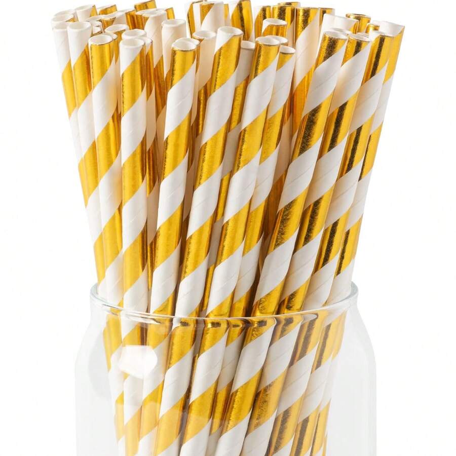 25/50/100 ống hút giấy, ống hút dùng một lần, ống hút tiệc họa tiết cho sinh nhật, đám cưới, trang trí ngày lễ, nhà bếp, quà tặng Giáng sinh - Vàng - Xem 1