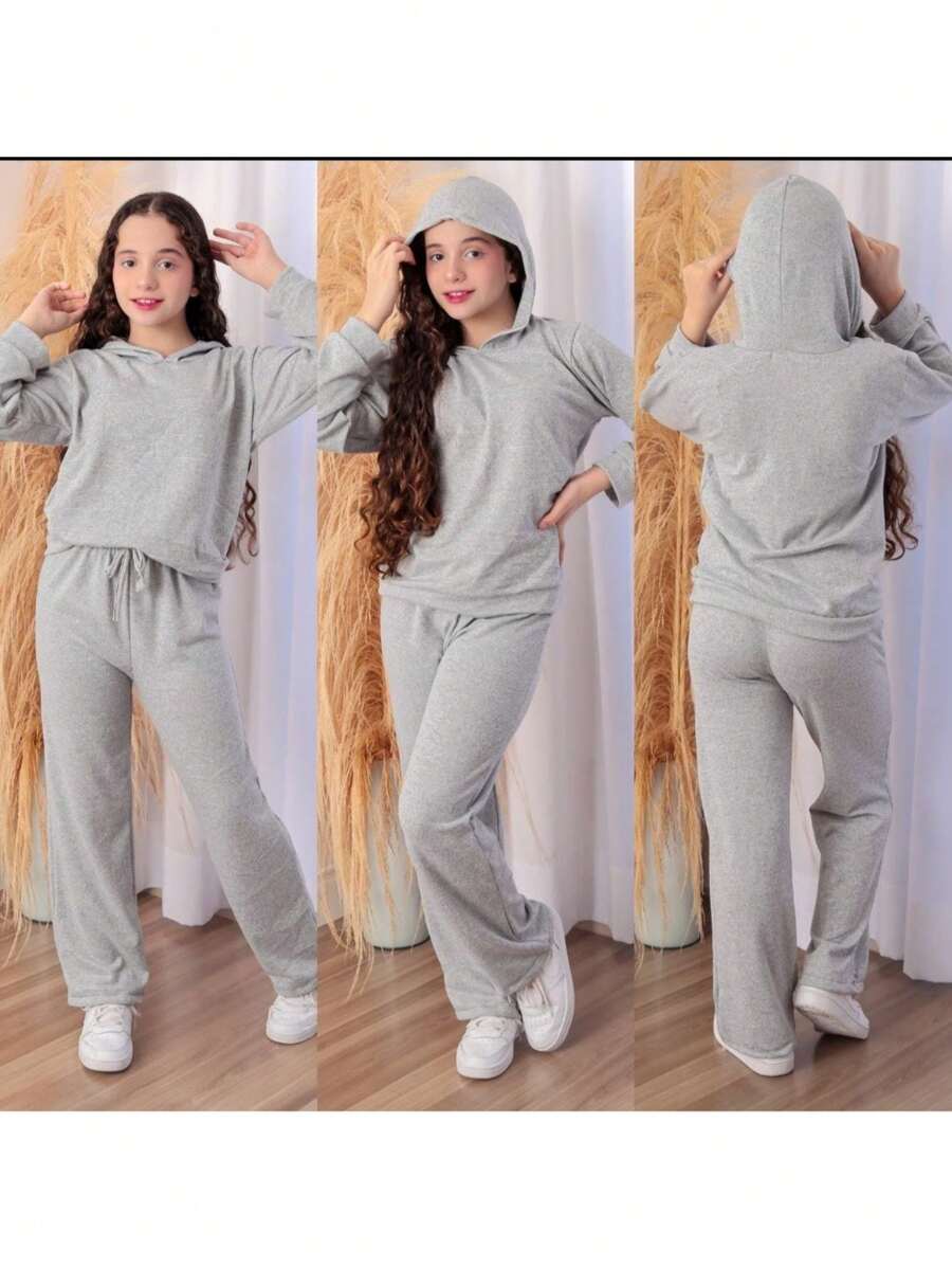 Lanzinha Children's Set 2 Pieces Blouse With Hood And Pants With Cuff Fashion Blogger (CJI021) Long Sleeve Blouse For Cold Winter - 灰色 - 查看 1