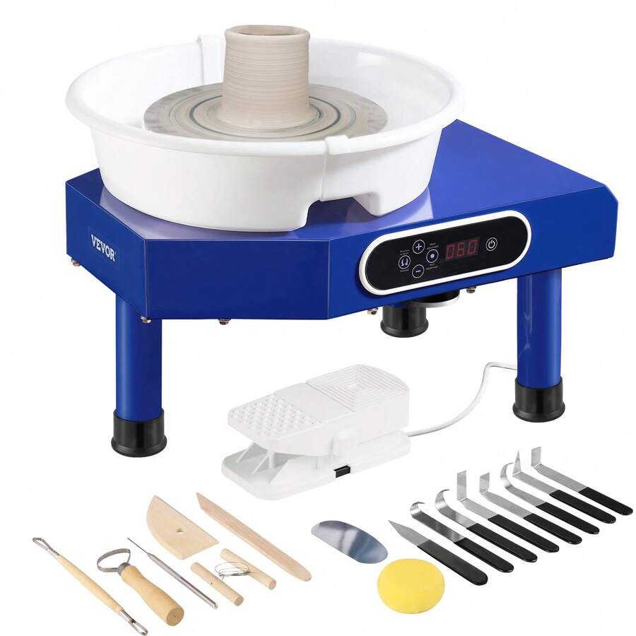 Pottery Wheel, 10in Ceramic Wheel Forming Machine, Foot Pedal ABS Detachable Basin, 60-300RPM Adjustable Speed Manual LCD Panel, Sculpting Tool Apron Accessory Kit For Work Art Craft DIY