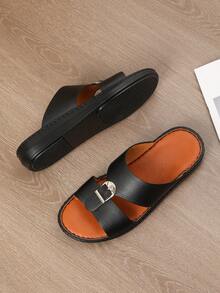 Męskie solidne kapcie z odkrytymi palcami, wygodne miękkie buty antypoślizgowe, modne codzienne kapcie na zewnątrz w stylu ręcznie robione skórzane kapcie